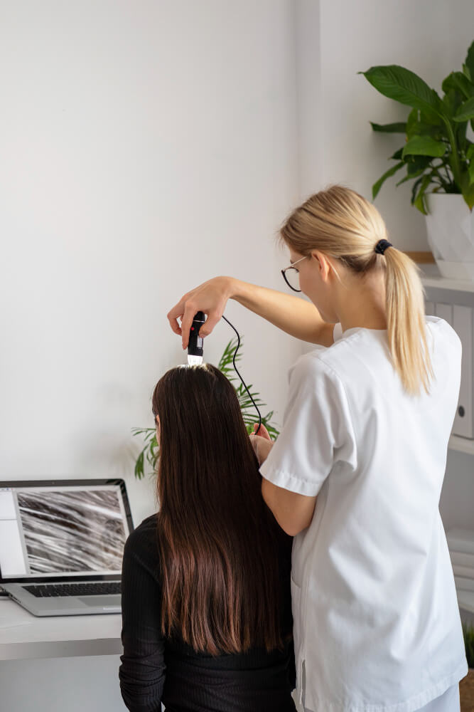 persona hacienod un diagnostico capilar en una chica